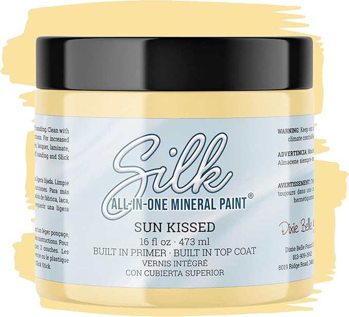 Dixie Belle Silk All-in-One Mineral Paint - Sun Kissed (16oz) - Soft Yellow Water Based Built-In Primer + Topcoat for Wood + Metal - Durable Furniture Paint - Low Reflective Finish