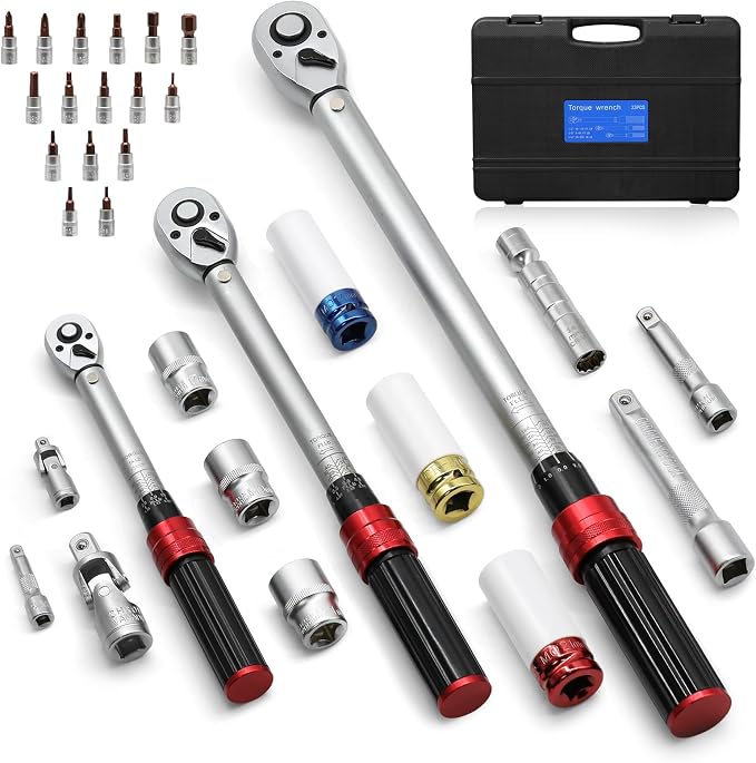 1/4 3/8 1/2-inch Drive Torque Wrench, 32Pcs Torque Wrench Set with Hex, Torx, Sockets, Spark Plug Socket & Adapters for Bike, Motorcycle, Car Spark