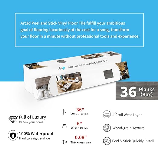 Art3d Peel and Stick Floor Tile Vinyl Wood Plank 36-Pack 54 Sq.Ft, Light Grey, Rigid Surface Hard Core Easy DIY Self-Adhesive Flooring