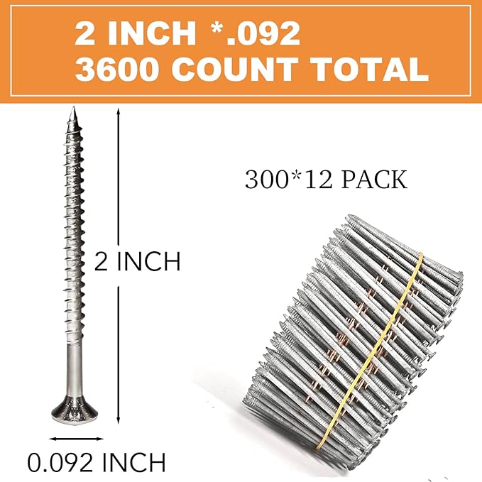 3600 Count Siding Nails, 15-Degree 2 Inch *.092 Wire Collated Coil Ring Shank Nails, Full Round Head Hot-Dipped Galvanized Siding Nailer Attachment Replacement Parts