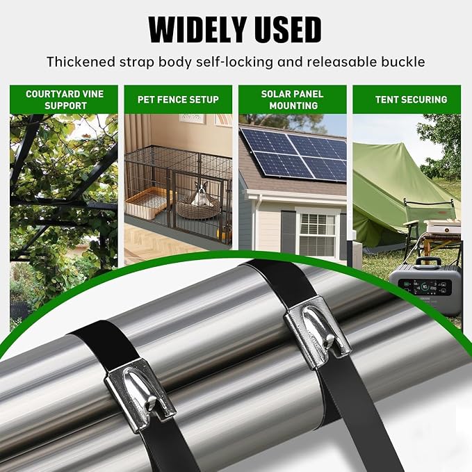 MasiStran Metal Zip Ties 200 Pack 12 Inch, 304 Stainless Steel 408LBS Heavy Duty Zip Ties Black - Self-Locking Cable Ties for Exhaust Wrap，Chain Link Fence Parts, Outdoor Farms,Pipes