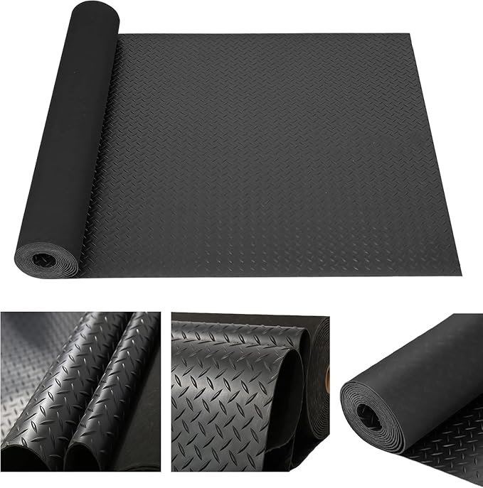 tonchean 16.4 x 3.3 FT Diamond Plate Rubber Flooring Roll, 3.2 mm Thickened Heavy Duty Garage Floor Mat, Non-Slip Rubber Mat for Under Car, Truck, Basement, Workshop