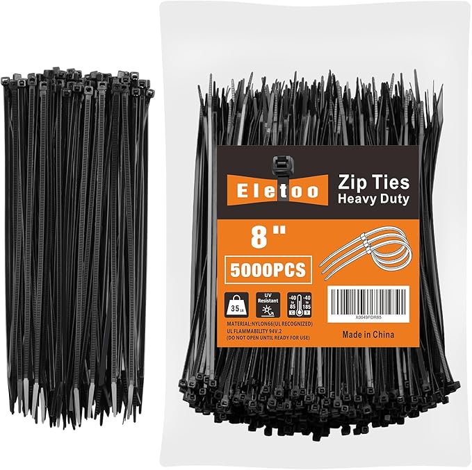 8 Inch Black Zip Ties 5000 Pack, 35 LBS Tensile Strength, Self-Locking Nylon UV Resistant Cable Ties for Indoor and Outdoor
