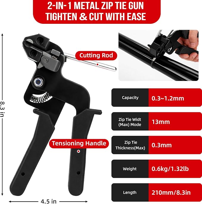 Metal Zip Ties Gun Set, 200Pcs Stainless Steel Cable Ties, Black | Heavy Duty Stainless Steel Cable Tie Gun Kit with 8 inch & 12 Inch Zip Ties for Chain Link Fence, Chicken Coop, Exhaust Pipes