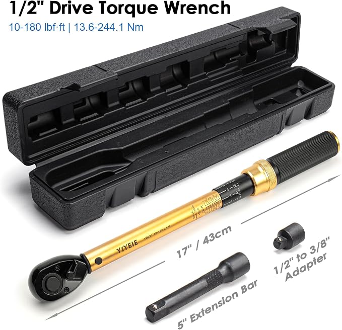 1/2" Drive Click Torque Wrench Set 3PCS, 10-180 FT-LB/13.6-244.1 Nm | ±3% Accuracy, 72-Tooth Ratchet with 3/8 Adapter & Extension Bar, Lug Nut Torque Wrench for Car Tire, Wheel & Motorcycle