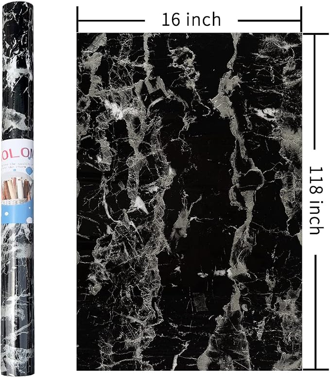 Black Marble Contact Paper Peel and Stick Countertop Waterproof Vinyl Film Glossy Marble Wallpaper Removable Self-Adhesive Counter Top Wrap for Kitchen Bathroom Sink Table Covers 16x118 inch