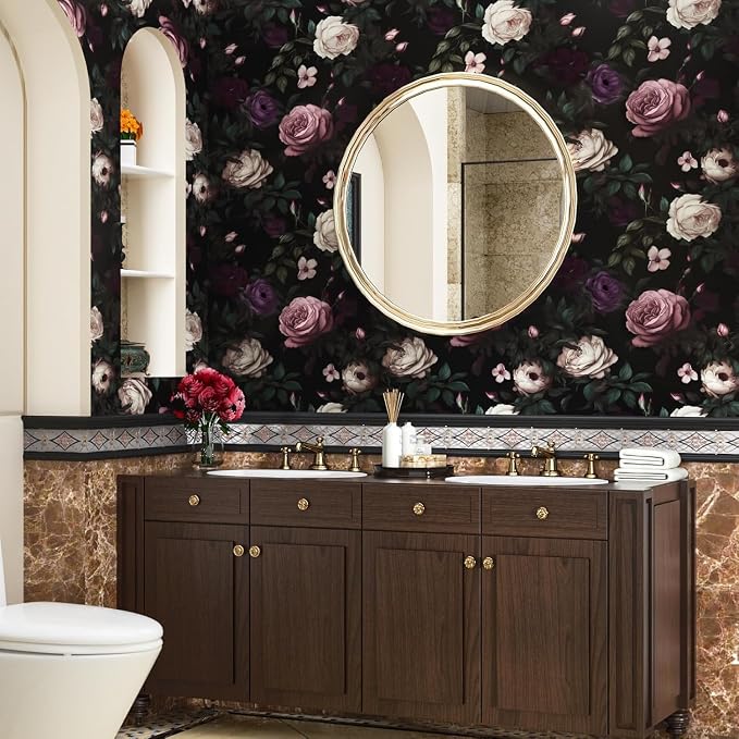 Fvlow Pink Rose Dark Floral Peel and Stick Wallpaper 17.4" x 788" | Renter Friendly, Removable & Waterproof, Vinyl Easy Install for Bedrooms, Bathrooms, Kitchens, Cabinets and Home Decor