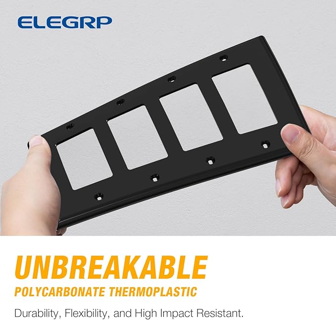 ELEGRP 4-Gang Decorative Wall Plates, Standard Size Unbreakable Thermoplastic Faceplate Cover for Decorator Receptacle Outlet Switch, UL Listed (1 Pack, Glossy Black)