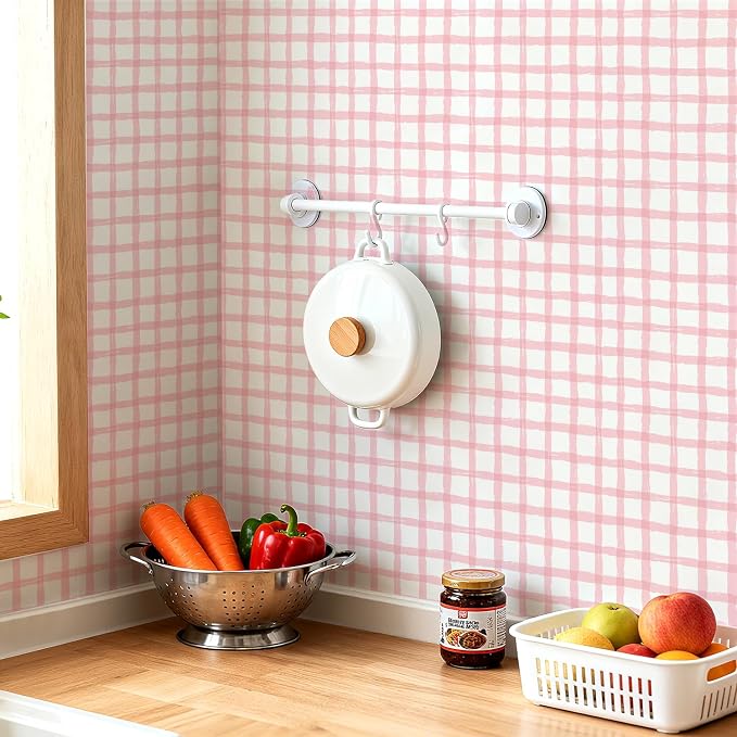 Plaid Wallpaper Peel and Stick, 17.7"x197" | Hand-Painted Pink, Self Adhesive, Vinyl, Removable, Boho Checkered Contact Paper for Bedroom, Living Room, Bathroom