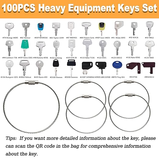 100 Non-Repeating Full Range Master Equipment Key Set, Original Heavy Construction Excavator Dumper Dozer Ignition Key for CAT Kubota John Deere JCB Yanmar Takeuchi Komatsu Volvo Toyota and More