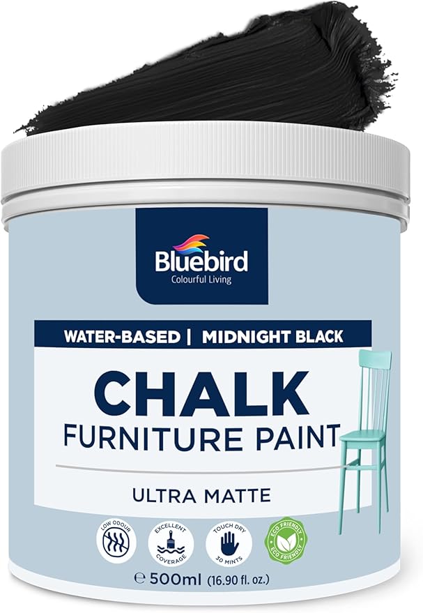 BLUEBIRD Chalk Furniture Paint - 500 ML / 16.9 fl oz for Furniture, Home Décor, Cabinets, and More (Midnight Black)