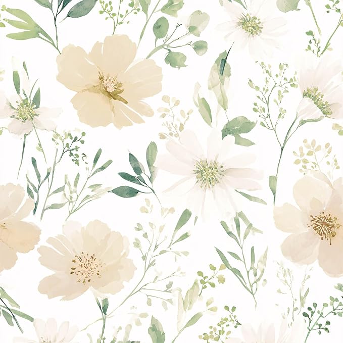 Floral Peel and Stick Wallpaper 17.7in x 70.8in | Watercolor flower removable self adhesive design for cottagecore bedroom accent walls