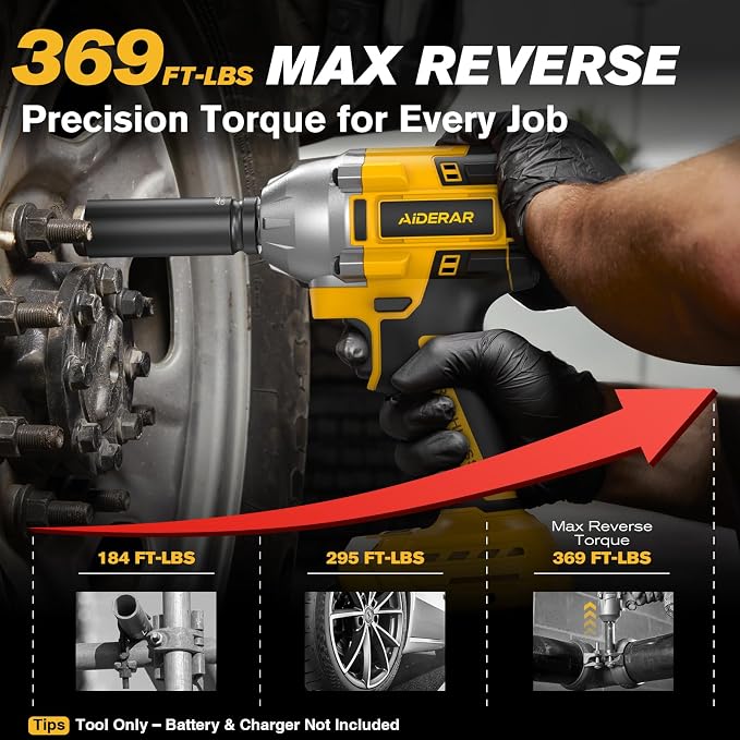 20V Cordless Impact Wrench for DeWalt Battery 500Nm (369Ft-Lbs) | 1/2" & 1/4" Brushless Impact Gun, 2-Speed High Torque Power Tool for Tire Removal, Rusted Bolts, Car Maintenance(No Battery)