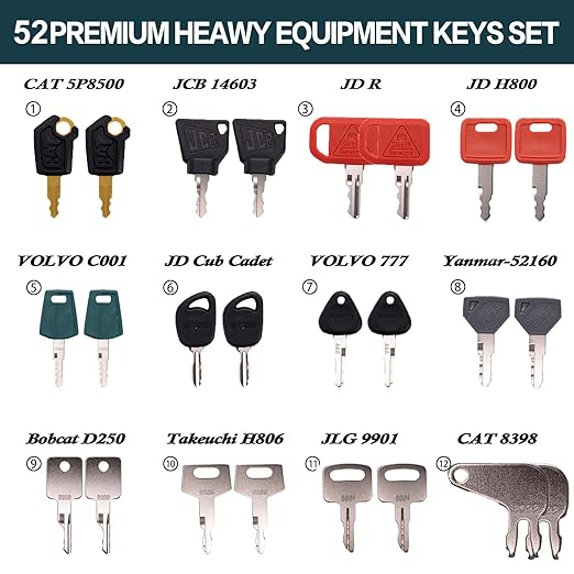 52-Piece Heavy Equipment Key Set: Universal Master Keys for CAT, John Deere, Komatsu, Kubota, Case, Yanmar & More – Durable Ignition Keys for Construction Operators