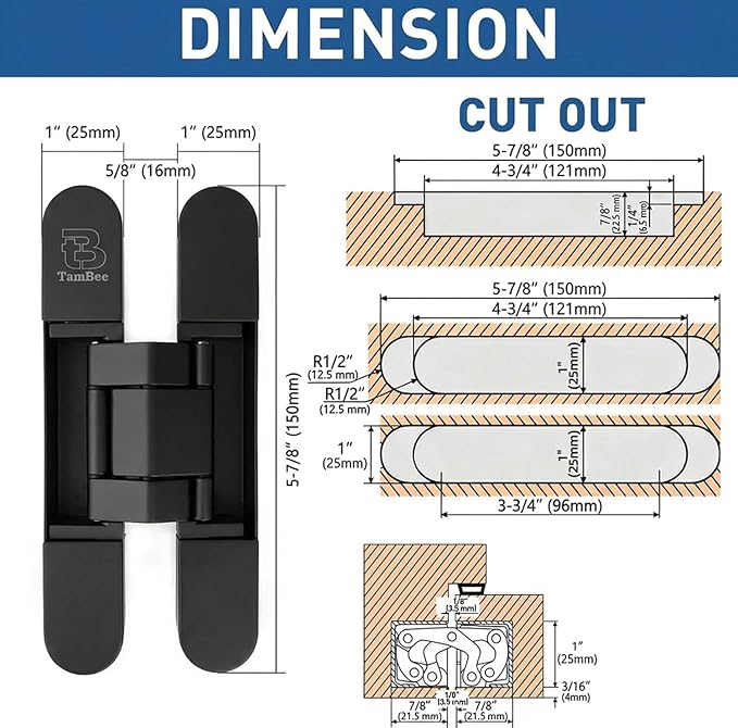TamBee Hidden Hinges Concealed Door Hinge - Black, Zinc Alloy, Invisible, 3 Way Adjustable for Hidden Door, Bookcase Door and Secret Doors 6 Inch (1 Hinge)