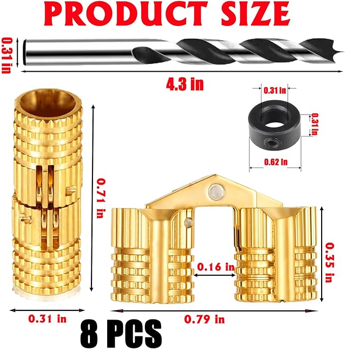 8PCS 8mm Hidden Brass Barrel Hinges with 8mm Drill Bit and Depth Stop Collar, 180 Degree Opening Angle Concealed Furniture Small Hinges for Wooden Box, Jewelry Box, Ring Box, DIY Hand Craft