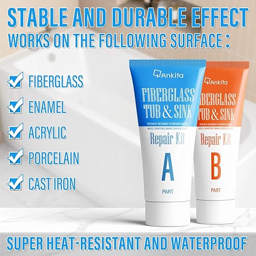 Fiberglass Tub Repair Kit(Color Match), Fiberglass Shower and Acrylic Bathtub Repair Kit for Scratches, Cracks, Chips, Holes on Porcelain, Enamel, Tubs, Tile, Sink, Fix Chipped Almond Bath Tub