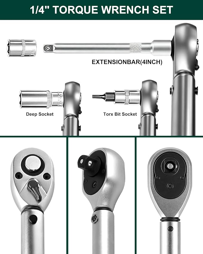 1/4" Drive 53Pcs Click Torque Wrench Set, 2-24 Nm | ±3% High Precision 72-Tooth Reversible Cr-V Tool for Auto, Motorcycle & Bicycle Repair with Storage Case