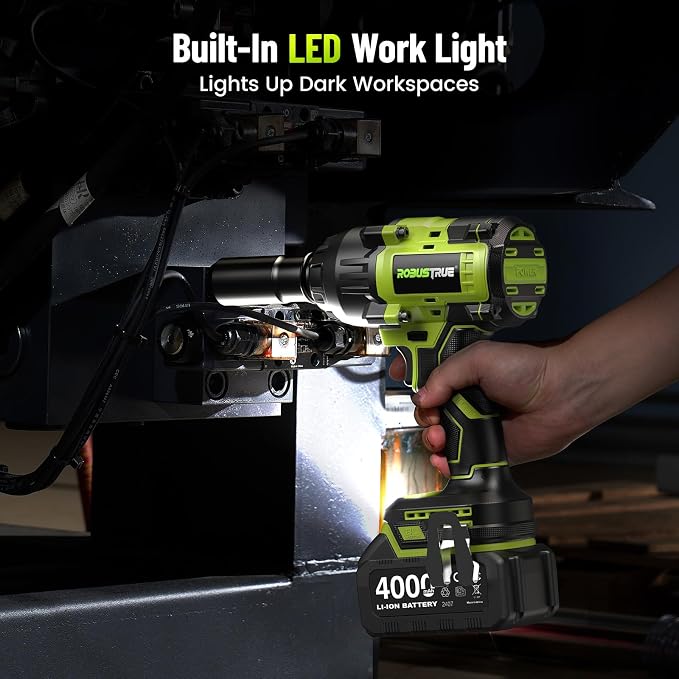 1032 ft-lbs(1400N.m) 1/2 Inch Cordless Brushless Impact Wrench | Includes 2x4.0Ah batteries and fast charger with 11pc tire repair kit, 3-speed, auto-stop, LED light, for car truck RV mower