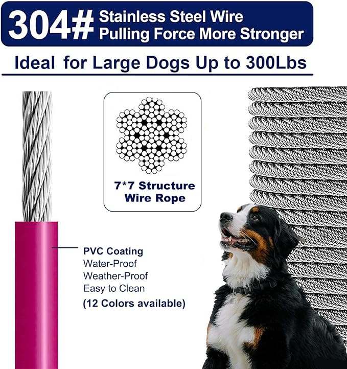 Tie Out Cable for Large Dog Runner for Yard, Pet Run Leash Heavy Duty Swivel Hooks Lead Holds Break Strength of 1000lbs, Steel Wire Dog Chain Leash Cable for Yard (Magenta 35FT)