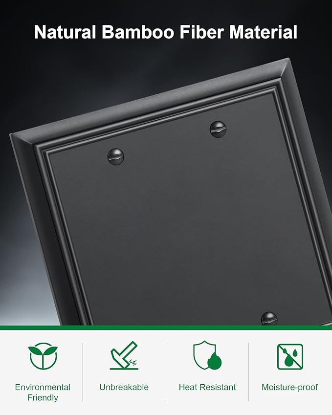 2-Pack Double Blank Wall Plate, Durable Natural Bamboo Fiber Wall Plate Cover,Black 1 Gang Wall Plate for Unused Outlets/Switches