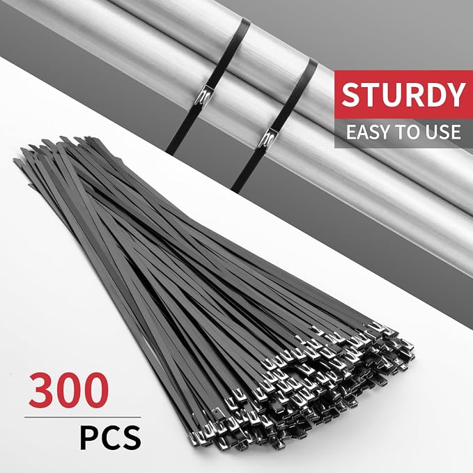 BethTie 300 PCS Black 11.8 Inch Metal Zip Ties with Tie Cutter, UV Resistant Stainless Steel Suitable for Fixing Fences, Pipes, Outdoor