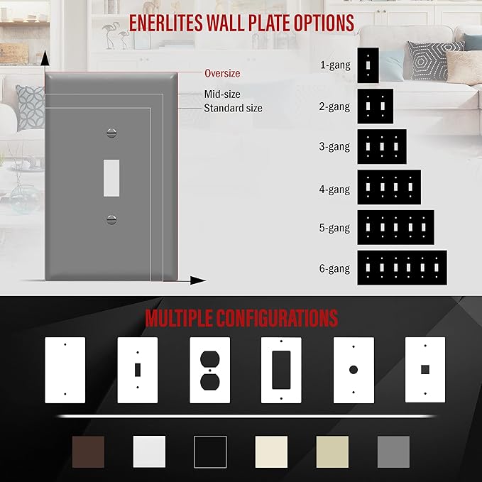 ENERLITES Toggle Light Switch Wall Plate, Gloss Finish, Jumbo Switch Cover, Oversized 1-Gang 5.5" x 3.5", Unbreakable Polycarbonate Thermoplastic, 8811O-GY, Gray