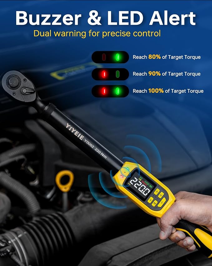 Digital Torque Wrench 1/2" Drive, 8.5-160 Ft-lb/10-220 N.m (±1% Accuracy) | Color LCD, Buzzer and LED Alert, 1/2 Torque Wrench Electronic 8Pcs with Extension Bar, 5 Sockets for Motorcycle, Car Repair