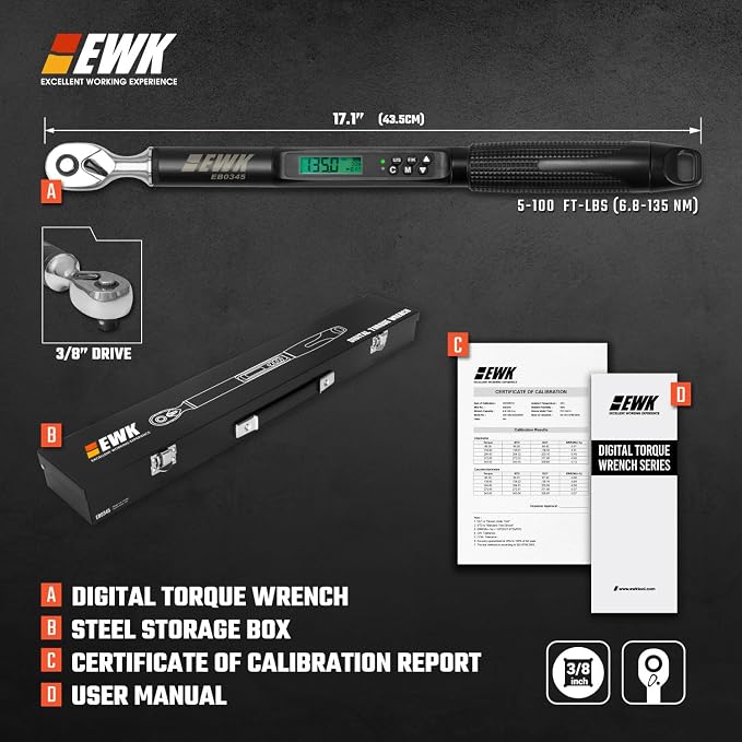 3/8 Inch Drive Digital Torque Wrench 5-100 ft-lbs (6.8-135 Nm) | IS0 6789, ±1.5% clockwise / ±2.5% counterclockwise, LCD Display, LED Buzzer Vibration Alert, 30 Memory Values