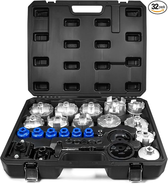SMOTIVEPRO Professional 32PCS Oil Filter Wrench Set with Cap Removal Tools | Includes Filter Caps (63.5-100mm), Socket (24-38mm), Adjustable Wrench and Drain Plug Tools for Efficient Maintenance
