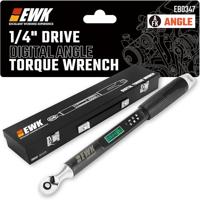 1/4" Drive Digital Angle Torque Wrench 1.1-22.1 ft-lbs (1.5-30 Nm) | ±1.5% clockwise / ±2.5% counterclockwise and angle accuracy of ±2%, LCD Display, LED Buzzer Vibration Alert, 30 Memory Values