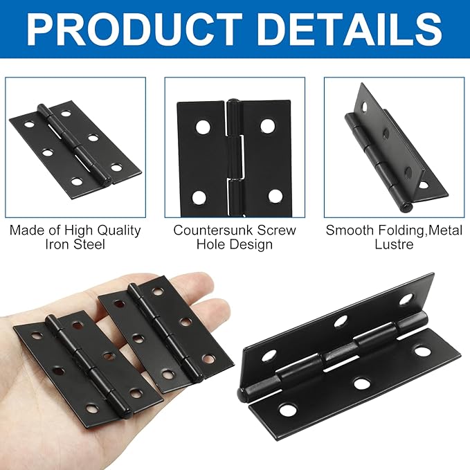 10Pcs Matte Black Door Hinges,2.5 Inch Iron Front Door Hinge,6 Hole Closet Exterior Door Hinges Heavy Duty,Butt Hinge for Jewelry Box,Bedroom,Cabinet Door