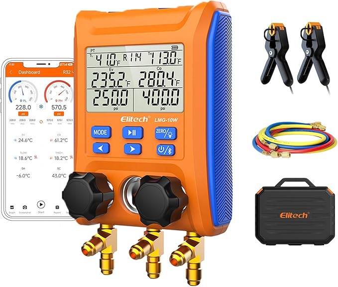 Elitech Wireless Digital Manifold Gauge Set Data Logging Refrigerant HVAC Gauges with Hoses, Temperature Clamps, LMG-10W