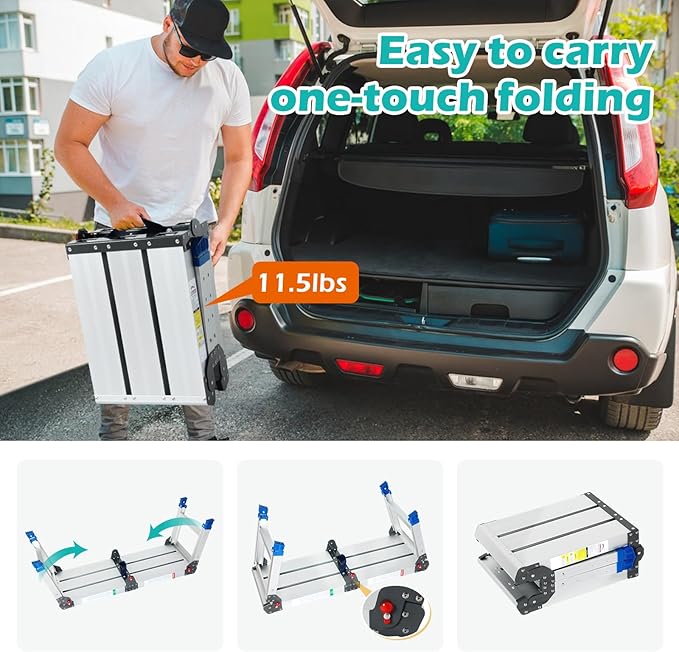 LEADALLWAY Portable Work Platform Height Adjustment 33"(L) x12(W) x20(H) Foldable Step Stool Aluminum Platform Ladder with One-Touch Automatic Fold 330 Lbs Capacity