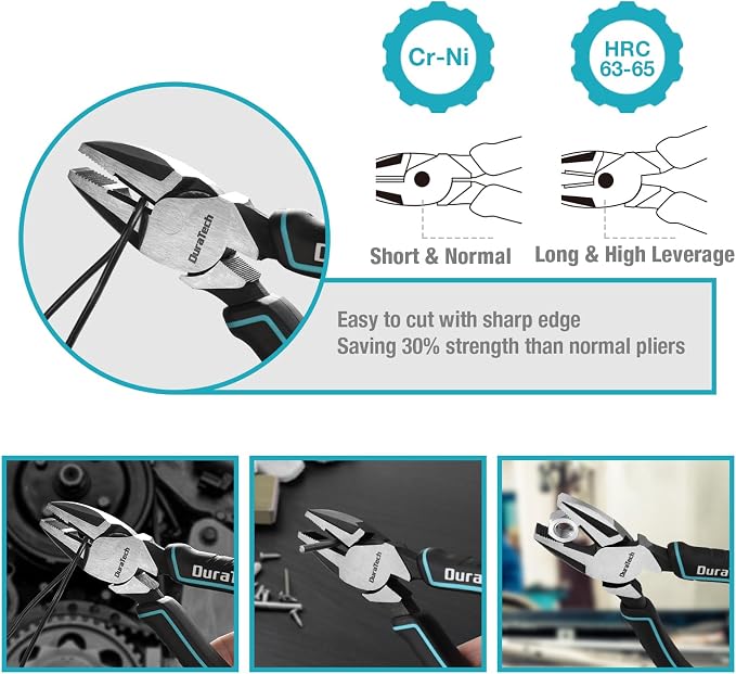 DURATECH 8-Piece Pliers Set with Rolling Pouch, Cr-V/Cr-Ni Construction | 3 Groove Joint Pliers (12", 10", 8"); 8" Adjustable Wrench; Linesman, Long Nose & Slip Joint Pliers; 6" Diagonal Pliers