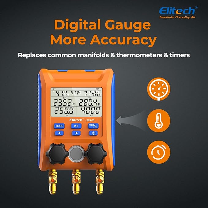 Elitech LMG-10Plus 2-Way Digital Manifold, HVAC Refrigerant Pressure Gauge for Superheat/Subcooling, with Temp Clamps and R410A Adapter, Supports 88 Refrigerants