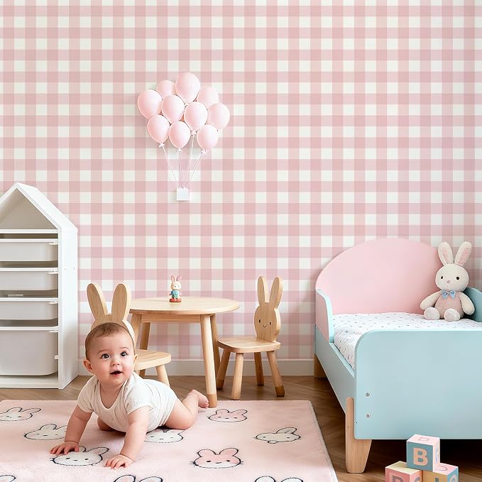 Plaid Wallpaper Peel and Stick, Pink, 17.7"x393" | Self Adhesive, Vinyl, Removable, Boho Contact Paper, Checkered Wall Paper for Bedroom, Living Room, Bathroom