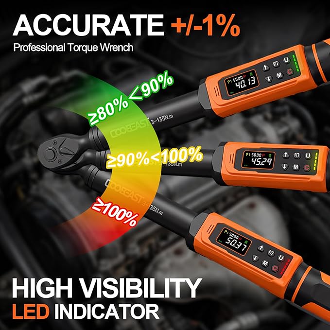 Digital Torque Wrench 3/8 Drive,Preset Value(1.5-99.5Ft-lbs./2-135 Nm) | Buzzer and LED Alert,±2% High Accuracy,72-Tooth, Quick Release,Reversible,Large Screen,for Bike Motorcycle,Gift for Men,DIY