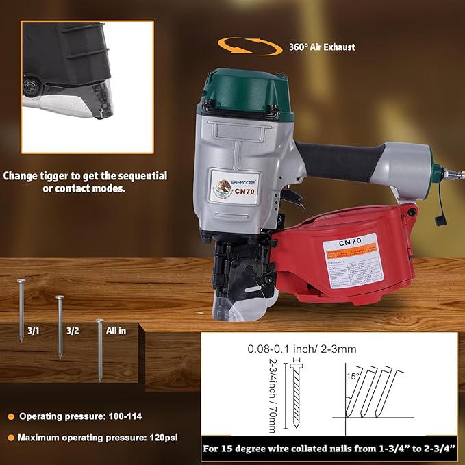 Mexican Style CN70 Coil Siding Nail Gun, 15 Degree Pneumatic Siding Nailer, 1-3/4" to 2-3/4" Coil Siding Nailer for Siding Sheathing Wooding Fencing Decking