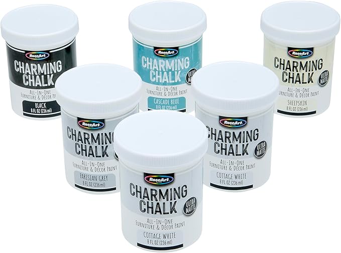 Charming Chalk All-In-One Furniture & Décor Paint - 6pc Set of Ultra Matte Chalk Finish Paint - 1 8oz jar each of Black, Cascade Blue, Parisian Grey, Sheepskin Cream and 2 jars of Cottage White