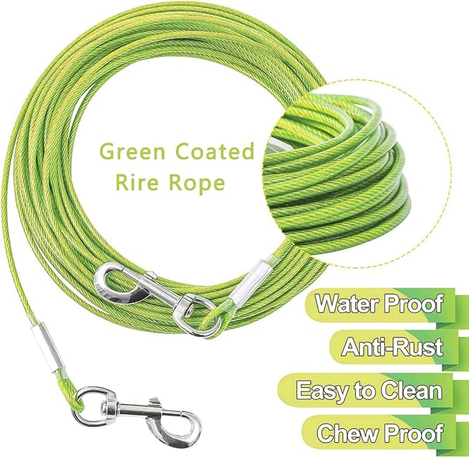 Tie Out Cable for Dogs,10/20/30/50/100FT Dog Leads for Yard Chew Proof,Heavy Duty Tie Out Cable for Large Dogs Up to 125lbs,Dog Runner Tether (Green, 125Ibs 10ft)