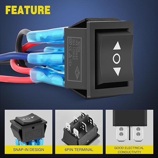 Nilight 6Pin Momentary Polarity Reverse Switch On Off On DPDT 3 Position 20A 12VDC 125VAC Motor Control Automatic Reset for Boat Automotive RV Jack Power Toggle w/Jumper Wire