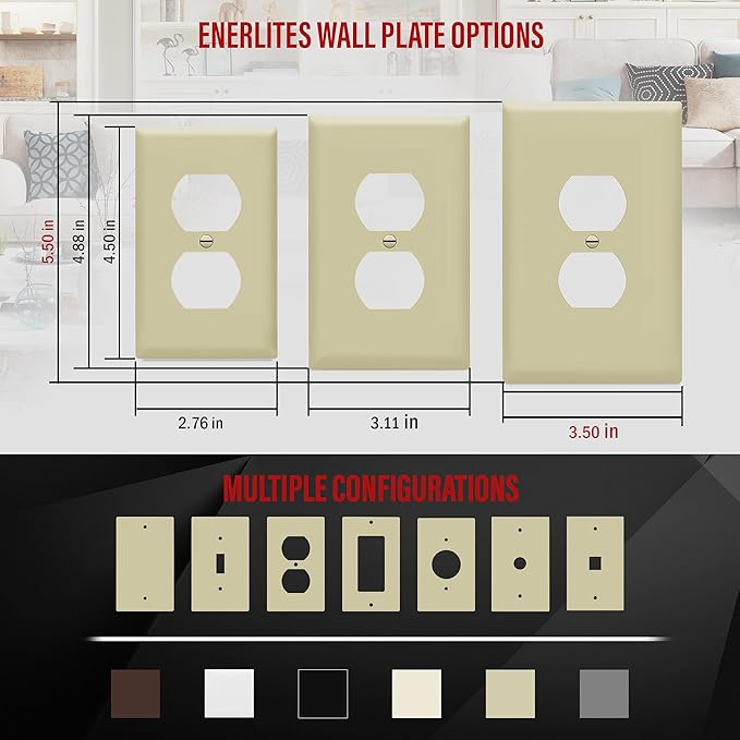 ENERLITES Duplex Receptacle Outlet Wall Plate, Jumbo Electrical Outlet Cover, Gloss Finish, Oversized 1-Gang 5.51" x 3.50", Polycarbonate Thermoplastic, 8821O-I, Ivory
