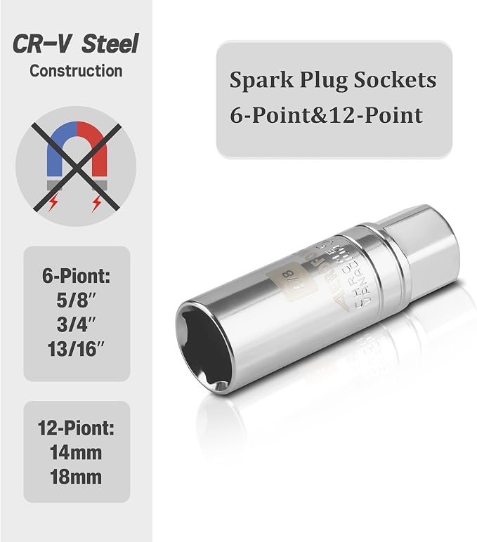 AEROFORCE 14PCS 3/8" Drive Spark Plug Socket Set – Includes 2 Magnetic Sockets (14mm, 16mm) & 5 Rubber-Grip Sockets + Torque Wrench (5-45 Lb.ft), Swivel Joint & Extension Bar – CR-V Steel