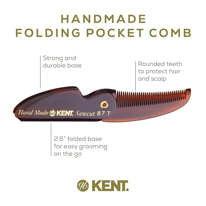 Kent 87T Handmade Folding Pocket Comb for Men, Fine Tooth Hair Comb Straightener for Everyday Grooming Styling Hair, Beard or Mustache, Use Dry or with Balms, Saw Cut Hand Polished, Made in England
