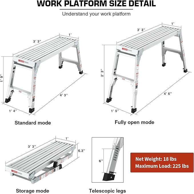 40" Aluminum Folding Work Platform/Step Stool with Telescoping Legs 22" - 27.5" Height Adjustable - 225 lbs, Non-Slip, Portable Ladder Bench for Washing, Painting