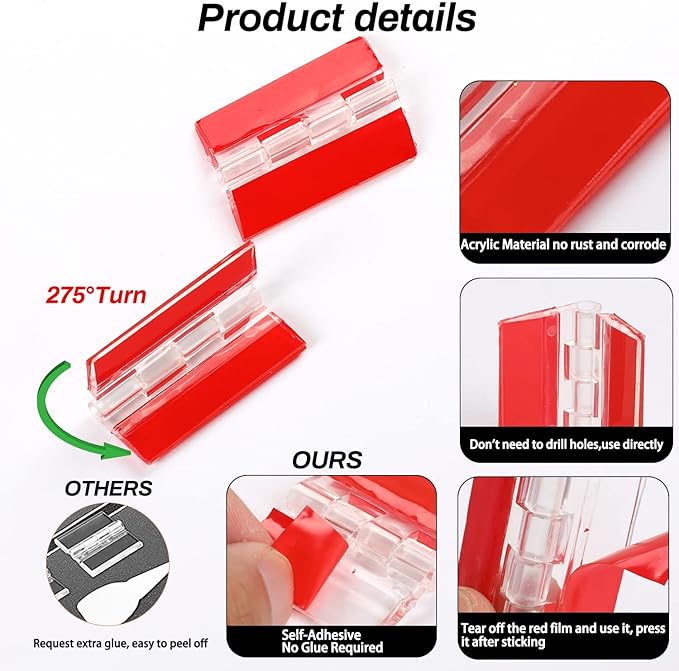 12 Pcs Acrylic Self Adhesive Small Transparent Continuous Hinge Tools for Cabinet Drawer Furniture DIY Display Stand 45x35 mm
