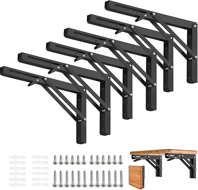 Folding Shelf Brackets - 8 Inch 6 Packs Heavy Duty Metal Collapsible Shelf Bracket, DIY Wall Mounted Foldable Shelf Bracket, Space Saving for Bench Table