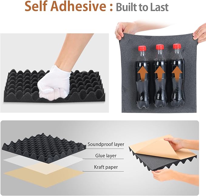 SD SODOCT 36 Pack Acoustic Foam Panels with Self Adhesive 12" X 12" X 1.2" Sound Proof Foam Panels for Walls High Density Egg-Crate Soundproof Wall Panels for Studio Office Gaming Room