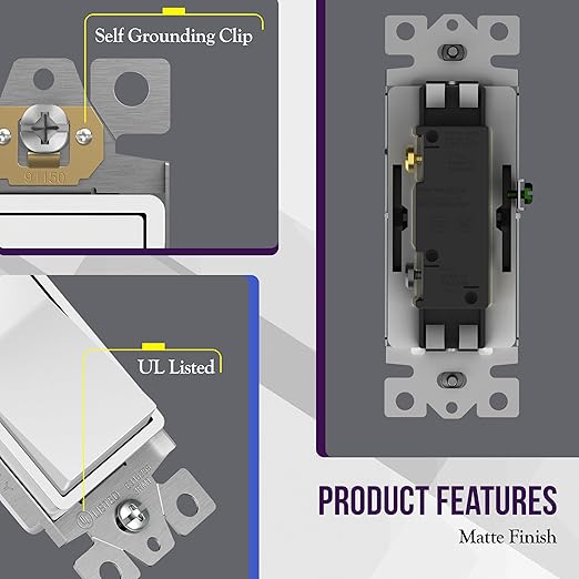 ENERLITES Matte White Light Switch, Decorator Paddle Rocker Wall Switch, Single Pole, 3 Wire, Grounding Screw, Residential Grade, 15A 120V/277V, UL Listed, 91150-MW-20PCS (20 Pack)